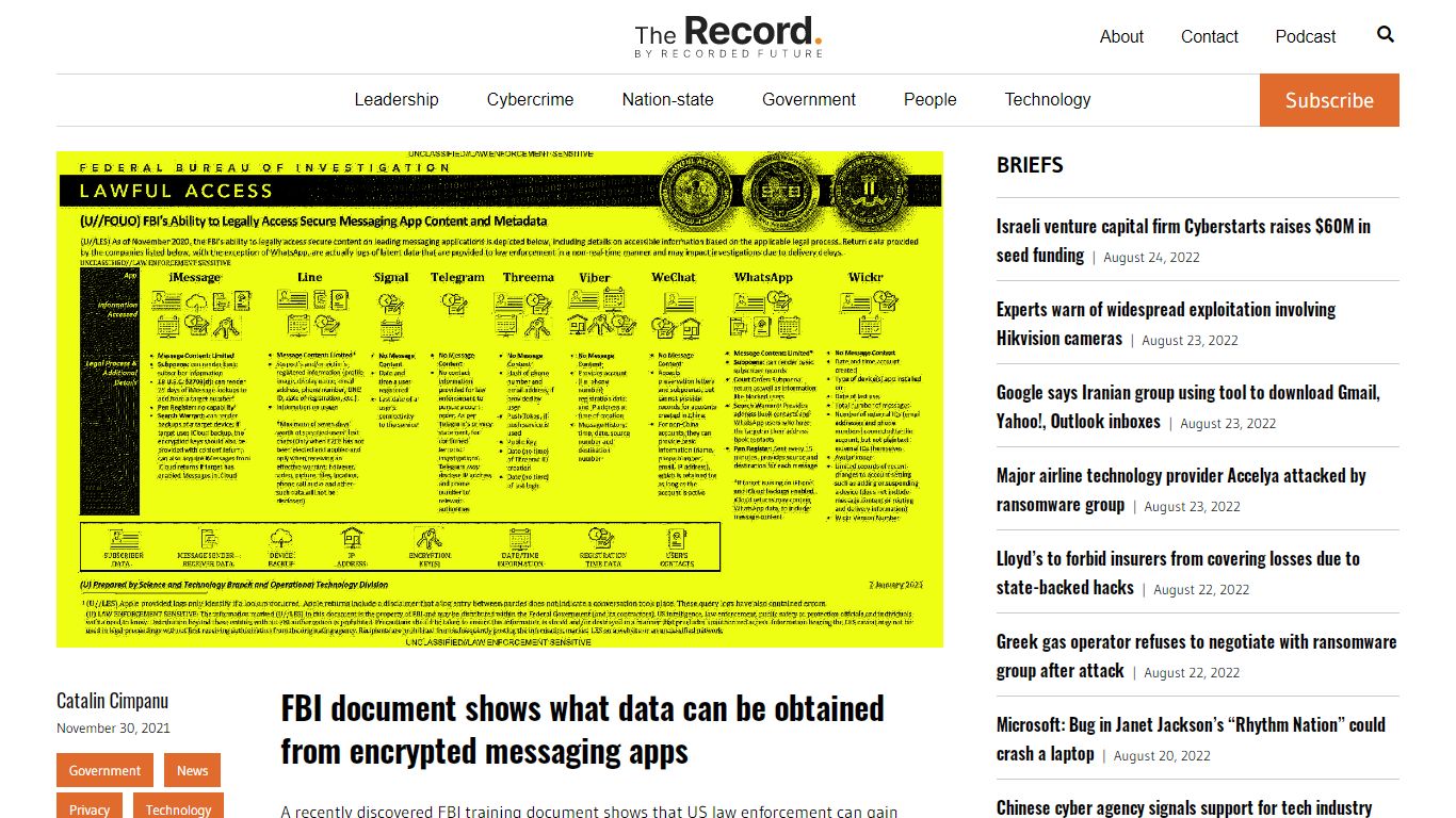 FBI document shows what data can be obtained from encrypted messaging apps